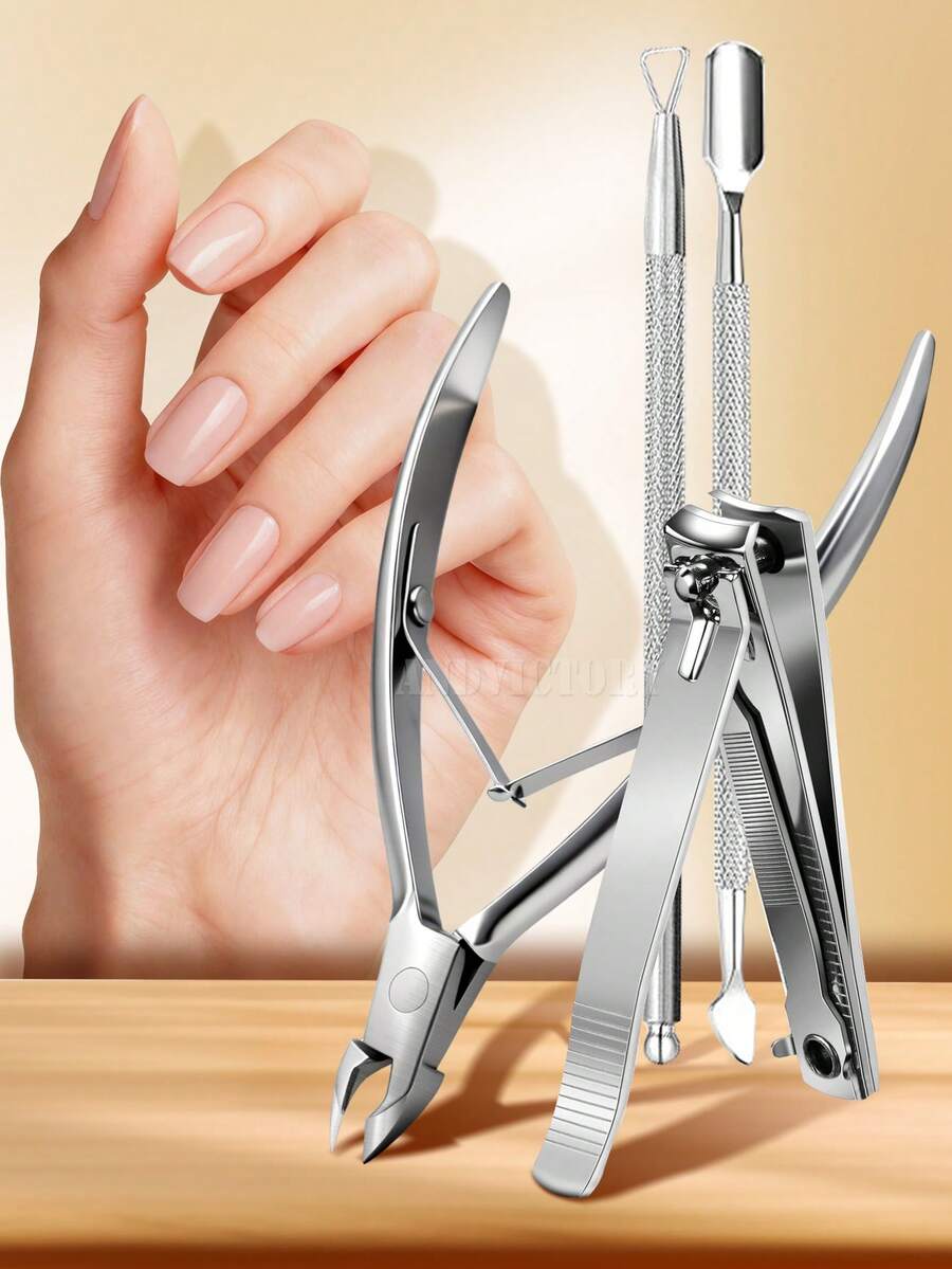 1/2/4Pcs/Set Nail Nippers Scissors Cuticle Trimmer Extremely Sharp Edge Cuticle Pusher Stainless Steel Clippers Cutter Remover Pedicure Manicure Fingernail Tools - Multicolor - View 1