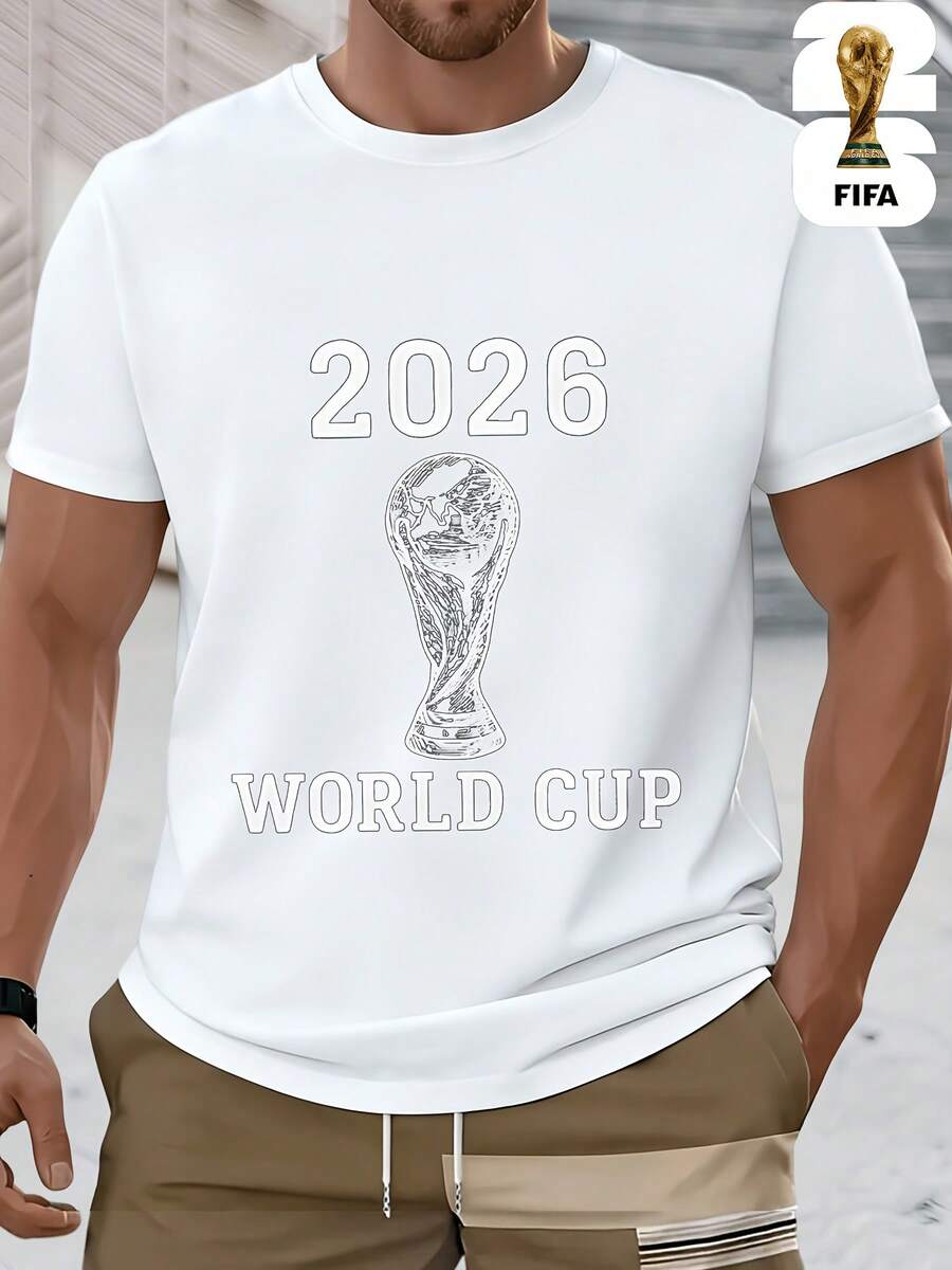 Graphic Tees[FIFA World Cup Licensed]2026 USA-Canada-Mexico World Cup, FIFA Football Men's Basic Funny Printed Short Sleeve T-Shirt, Perfect For Summer Street Wear, Comfortable And Versatile, A Must-Have For Fans,  Outdoor Item, Available In Men's And Women's Couple Styles, Suitable As A Gift For Family Members.100% Cotton - 白色 - 查看 1
