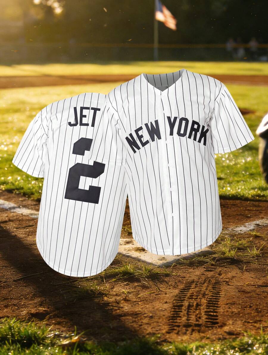 Men's #2 White Baseball Jersey - Short - Sleeve Cardigan Fit, Letter And Number Embroidery, Black Striped Design, Suitable For Sports And Leisure - 2 白色 - 查看 1