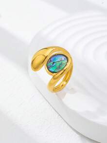 1 Pc 18K Gold Plated Asymmetrical Statement Ring For Women - Stackable Chunky Rings Set - Mother Of Pearl Jewelry For Daily And Party Wear - Multicolor - View 3