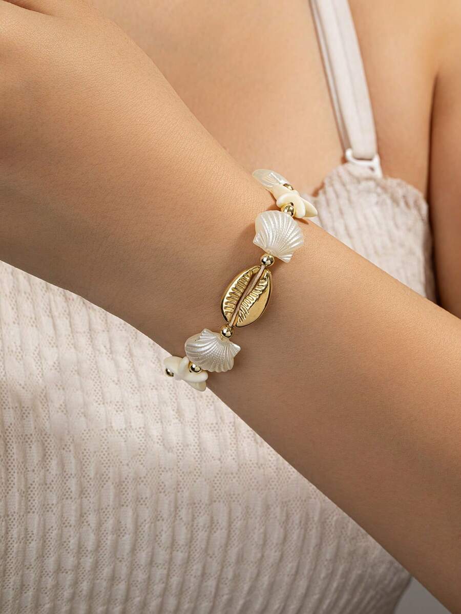 1pc Adjustable Seashell & Starfish Woven Bracelet, Boho Beach Style Jewelry, Suitable For Women Summer Beach & Daily Wear - Multicolor - View 1