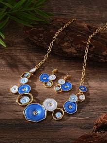 Cring Coco 1 Elegante conjunto de joyería retro de estilo bohemio con diseño geométrico calado de la serie botánica de verano, de aleación de zinc con collar y pendientes elásticos para mujeres. Perfectamente adecuado para mujeres hermosas. Apropiado para uso diario, vacaciones, banquetes de alta gama, fiestas, San Valentín, Día de la Madre, cumpleaños y días festivos. - Caqui - Ver 7