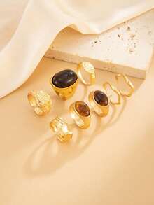 8-Piece Set Of Vintage Geometric Jade-Inlaid Rings, Featuring Chunky Metal Gold Rings For Women, Suitable For Everyday Wear And Party Occasions.  A Complete Jewelry Set. - Yellow Gold - View 3