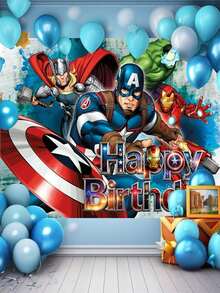 Marvel 100*150厘米生日派对装饰背景布，生日摄影横幅，涤纶派对背景布，复仇者联盟主题生日派对纸盘装饰，超级英雄主题生日派对桌布和餐具，生日派对用品 - 多色 - 查看 2