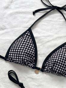 2026新款女士格纹比基尼套装，挂脖三角上衣，可调节肩带，侧系带泳裤，复古格纹泳装度假装 - 彩色 - 查看 4