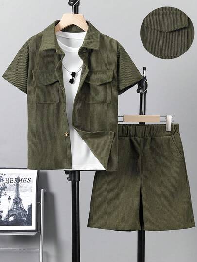 Boys' Casual Textured Pocket Short Sleeve Shirt And Shorts Set, Fashion School Style For Spring/Summer