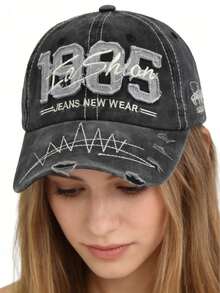 1pc 1985 Quilted Baseball Cap, Front Embroidered With "JEANS NEW WEAR", Side Embroidered With "FAVORITE JEANS", Y2K Retro Washed Style Sun Hat - Multicolor - View 1