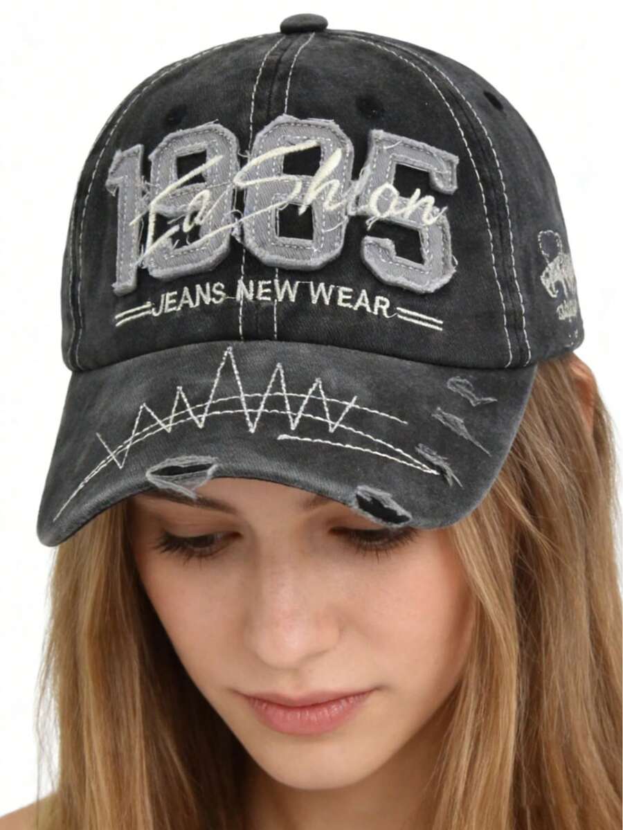 1pc 1985 Quilted Baseball Cap, Front Embroidered With "JEANS NEW WEAR", Side Embroidered With "FAVORITE JEANS", Y2K Retro Washed Style Sun Hat - Multicolor - View 1