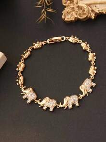 1pc Minimalist Fashionable Gold-Plated Copper Mother & Child Elephant Bracelet, Suitable For Women's Daily Wear - Yellow Gold - View 5
