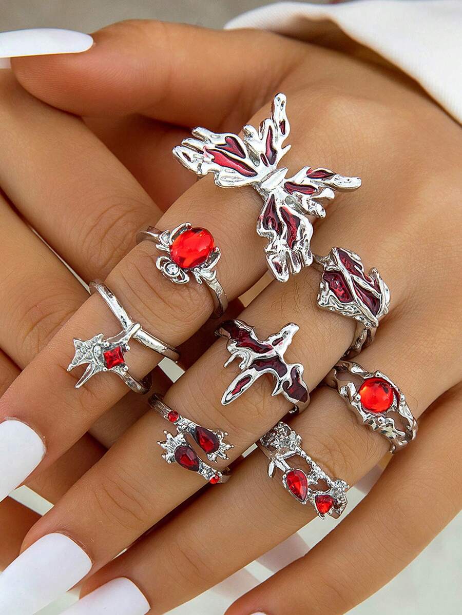 Bộ 8 chiếc nhẫn pha lê đỏ kiểu Gothic, thích hợp cho nữ giới đeo hàng ngày và dự tiệc, có thể đeo xếp lớp như một món trang sức đeo tay. - Đỏ - Xem 1