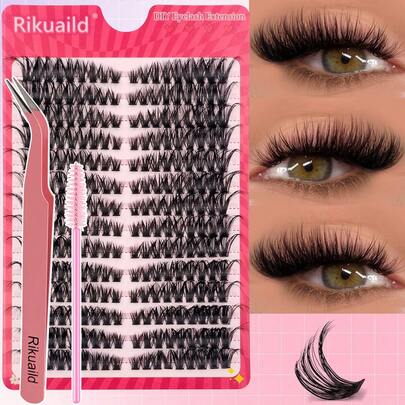 Rikuaild 252 piezas Kit de extensión de pestañas 40D/60D/80D - Pestañas individuales de volumen esponjoso, pestañas en racimo wispy con pinzas y cepillo, pestañas postizas portátiles para uso diario, fiestas y looks de maquillaje