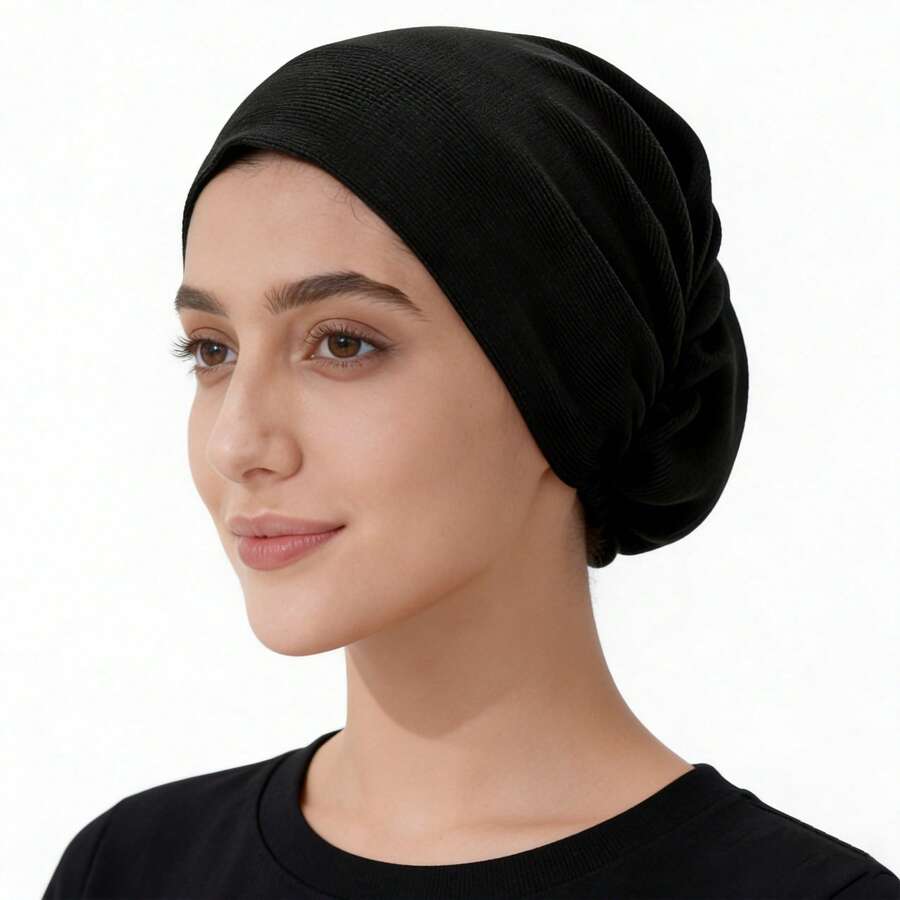 1件四季纯色休闲针织帽时尚头巾帽遮发帽，母亲节理想礼物 - 黑色 - 查看 1