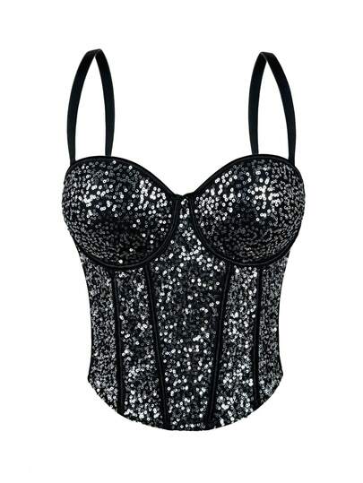 Top de tirantes finos con lentejuelas plateadas y sujetador, conjunto sexy de top corto para escenario y conciertos