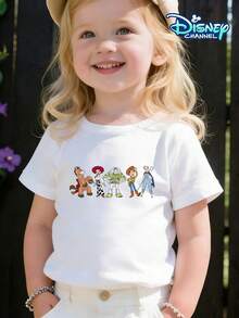Disney Toy Story Heartwarming Companions Round Neck T-Shirt For Girls. All Characters Side-By-Side Cartoon Print. A Harmonious Blend Of Western And Space Styles. Casual Top For Kids, Comfortable For Everyday Wear, Breathable And Skin-Friendly, Preventing Sweating. - trắng - Xem 1