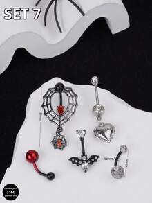 5pcs Gothic Punk Style Steel Navel Rings Set - Bat Cross Snake Cat Heart Dangle Navel Piercing Jewelry, Suitable For Women To Wear Daily, Party, Halloween, Summer Travel, Wedding, Birthday And Other Occasions - Black - View 8