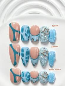 10Pcs Cool, Edgy And Dreamlike Handmade Nail Art Set,Polygel Nail Set,Diamond Encrusted Openwork Five Pointed Star, Small Pearls Nail Art Accessories,Water Droplets, Stripes Nail Art Decorations,Blue Nail Polish,Sophisticated And Refined Style,Comes With Nail Tools(1 Sheets Jelly Stickers+1PC Nail File)3 Sizes Available,Square Nails, Short Square Nails,Almond Nails,Suitable For Reunion,Daily,Party,Photograph,Play,Spring Summer,Commute Supplies Nails - 彩色 - 查看 1