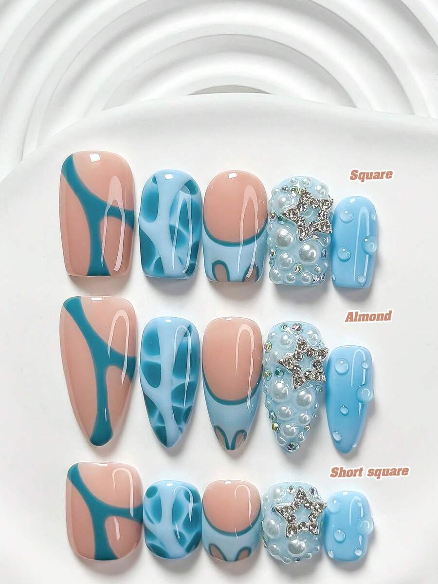 10Pcs Cool, Edgy And Dreamlike Handmade Nail Art Set,Polygel Nail Set,Diamond Encrusted Openwork Five Pointed Star, Small Pearls Nail Art Accessories,Water Droplets, Stripes Nail Art Decorations,Blue Nail Polish,Sophisticated And Refined Style,Comes With Nail Tools(1 Sheets Jelly Stickers+1PC Nail File)3 Sizes Available,Square Nails, Short Square Nails,Almond Nails,Suitable For Reunion,Daily,Party,Photograph,Play,Spring Summer,Commute Supplies Nails - 彩色 - 查看 1