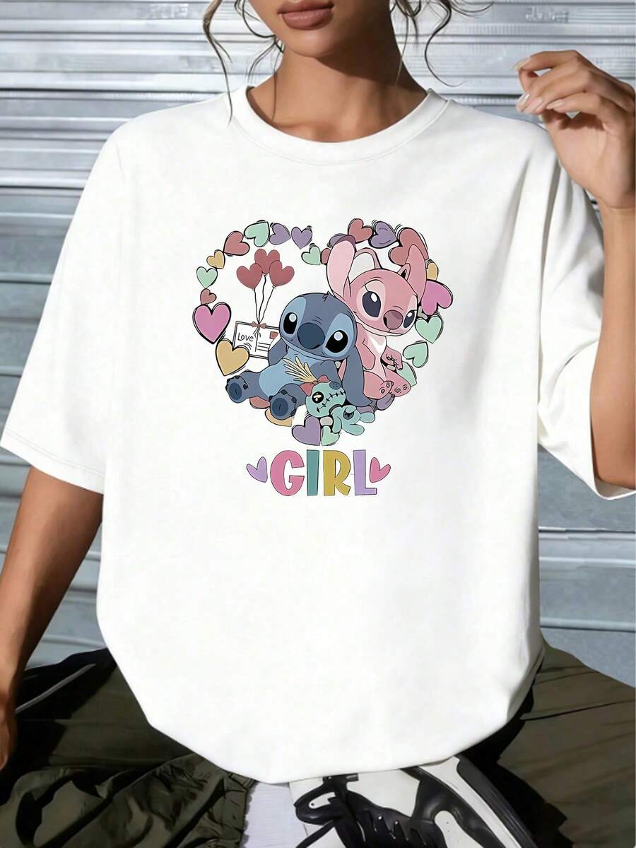 Disney Lilo & Stitch Stitch And Angel Girl Graphic T-Shirt, Cute Couple Oversized White TeeCrafted From Soft, Comfortable, And Durable Pure Cotton Fabric, This Round-Neck T-Shirt Is An Ideal Choice For The Spring And Summer Seasons. Suitable For A Wide Range Of Occasions-Including Daily Wear, Shopping, Parties, Travel, And Social Gatherings-It Also Makes For An Exquisite Gift. - 白色 - 查看 1