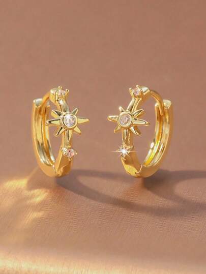 1 par de pendientes de aro elegantes y de moda con incrustaciones de cobre y circonita cúbica en forma de estrella, minimalistas y versátiles para uso diario y como regalo para mujeres