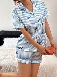 Dreamivo Bow Tie & Striped Print Short Sleeve Shorts Pajama Set For Women - Baby Blue - View 4