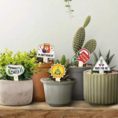 5Pcs Random Style Funny Wooden Plant Labels Creative Succulent Plant Tags Cute Garden Markers For Potted Flowers Herbs Decor