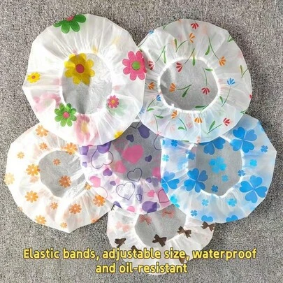 5个/4个/1个防水EVA塑料浴帽，弹性可重复使用泳帽，蕾丝弹力带印花浴帽/沐浴帽，适用于美容院SPA