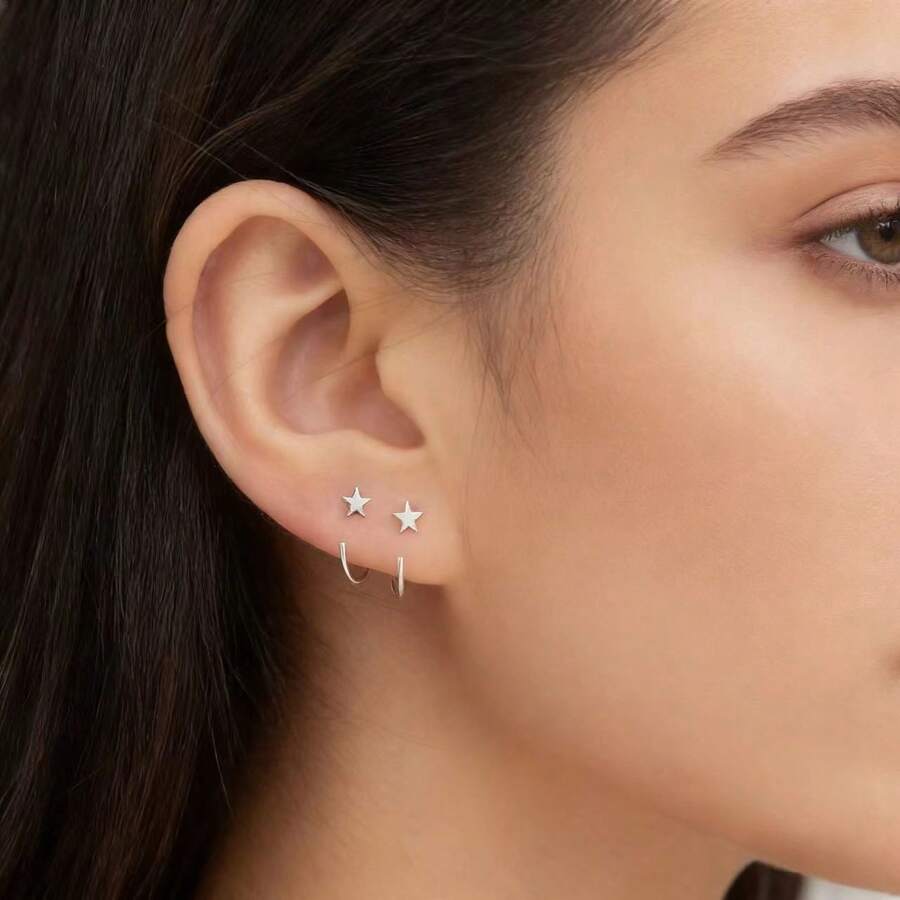 1 Paar 925 Sterling Silber minimalistische kleine Creolen, elegante offene C-förmige Pentagramm Ohrringe für den täglichen Gebrauch - Silber - Übersicht 1