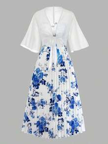 Women's Elegant Ditsy Floral Chiffon Dress & Jacket Two Pieces Set, Fashionable Outfit For Date, Holiday, Casual Wear Spring - 藍白色 - 查看 4