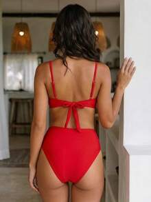 2pcs Solid Color Elegant Sexy Backless Beaded Bikini, Vacation Beach Wear, Summer Red - Red - View 3