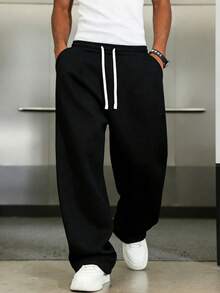 1pc Men's Loose Casual Solid Color Wide Leg Pants, With Drawstring Waist And Large Pockets, Suitable For Daily Walking, Work, Travel And Other Occasions - Black - View 3