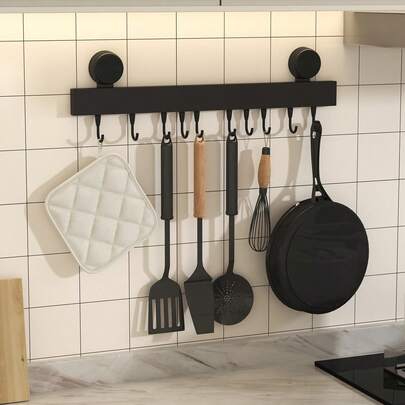 1个壁挂式厨房用具架，金属厨房收纳整理架，带可调节挂钩和锅架，适用于厨房、浴室和家居收纳