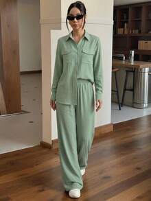 ADD MODA REF AS1790 SHIRT SET WITH POCKETS AND ELASTIC WAIST PANTS - 綠色 - 查看 1
