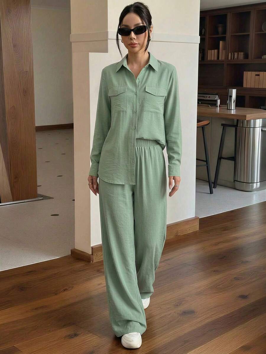 ADD MODA REF AS1790 SHIRT SET WITH POCKETS AND ELASTIC WAIST PANTS - 綠色 - 查看 1