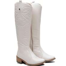 Women's Off-White Knee-High Boots, Rodeo Style, Boots With Embroidery, Casual Style - trắng - Xem 6