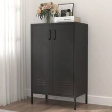 White Steel Storage Cabinet With 2 Doors And 2 Adjustable Shelves, Multifunctional Cabinet For Living Room, Kitchen, Bedroom, Garage Tool Storage And Office File Organization. - 黑色 - 查看 2