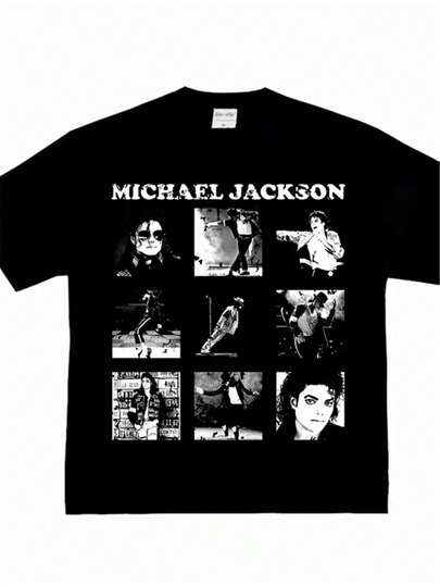 Camiseta moderna,Camiseta negra estilo retro con estampado de Michael Jackson en blanco y negro Women's T-Shirt diseño icónico con múltiples imágenes del artista incluyendo poses famosas y portadas de álbumes ideal para fans de música pop y cultura pop perfecta para usar en verano o primavera regalo ideal para amantes de Michael Jackson
