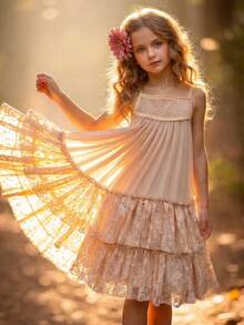 Tween Girl Solid Color Lace Spaghetti Strap Patchwork Back Cutout Fashion Cute Princess Dress - Beige - View 8