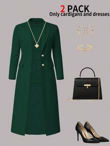 Women's Elegant 2-Piece Set For Autumn/Winter: Solid Color Long Sleeve Cardigan Blazer Jacket + Sleeveless Button-Down Midi Dress Spring - Dark Green 31 - View 3