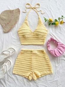 Soleia 2pcs/Set Women Vacation Outfit - Sweet And Cute Romantic Country Style Pale Yellow Textured Knit V-Neck Spaghetti Strap Top And Shorts Set, Bohemian, Boho, Romantic Floral Yellow Two Piece Set Summer Two Piece Set Butter Yellow Two Piece Set Yellow Bathing Suit Set Beach Two Piece Set - 藍色 - 查看 9