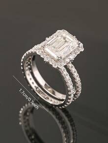 2pcs S925 Sterling Silver Square Cubic Zirconia Jewelry Ring Set, Suitable For Wedding, Engagement, Daily Wear, Wedding Season Gift - Silver - View 5