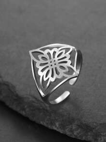 1pc Minimalist Stainless Steel Flower Witch Knot Adjustable Ring, Fashion Lucky Talisman Gift For Friends - Simple Series - View 2