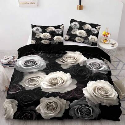 2/3件套 3D印花黑白灰玫瑰被套套装 黑色底 逼真白玫瑰 灰渐变玫瑰 深玫瑰 层叠花瓣图案 涤纶床上用品套装 现代复古奢华宁静舒适被套套装（尺寸135x200，仅含1个枕套）