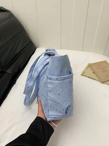 1个女士休闲单肩手提包，大容量，时尚购物袋，通勤简约尼龙布包，轻便休闲布包，星形图案手提包 - 淺藍色 - 查看 5