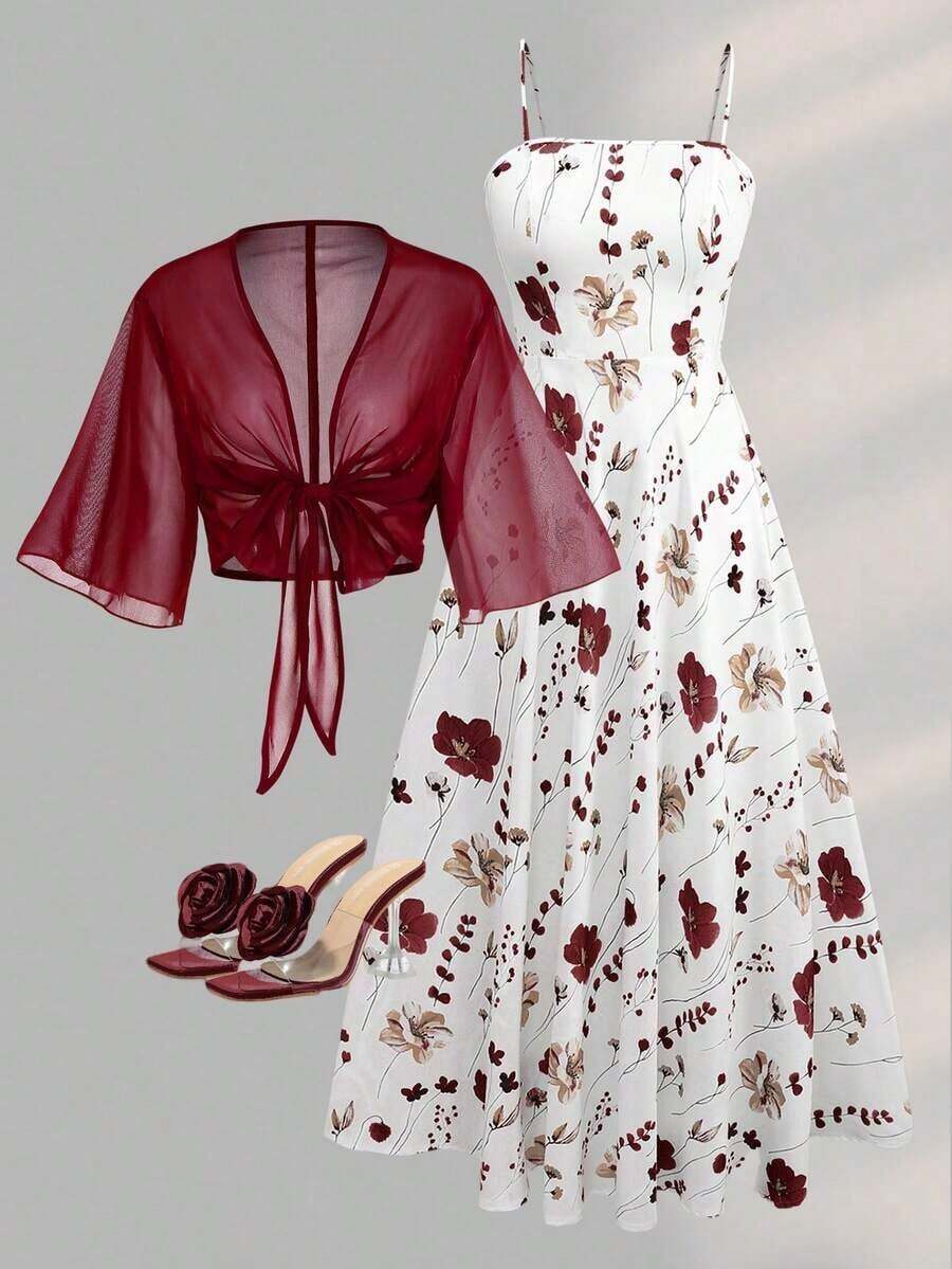 Women's Elegant Ditsy Floral Chiffon Dress With Shawl, 2 Pieces Set Spring Summer - 多色 3 - 查看 1
