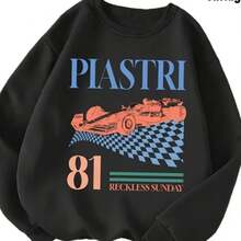 1pc Womens Vintage Racing Print Sweater - -Like Logo Italian Pistriti Design Relaxed Fit Grey Pullover Long Sleeve Crewn - 黑色 - 查看 1