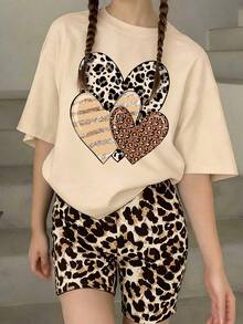 Tween Girl Leopard Print Heart Graphic Short Sleeve T-Shirt And Shorts Set - Khaki - View 1