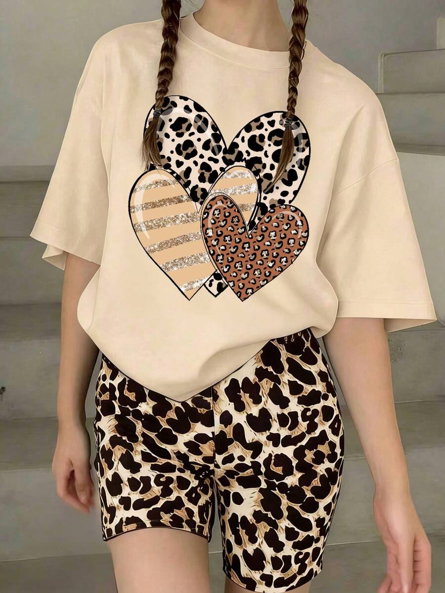 Tween Girl Leopard Print Heart Graphic Short Sleeve T-Shirt And Shorts Set - Khaki - View 1