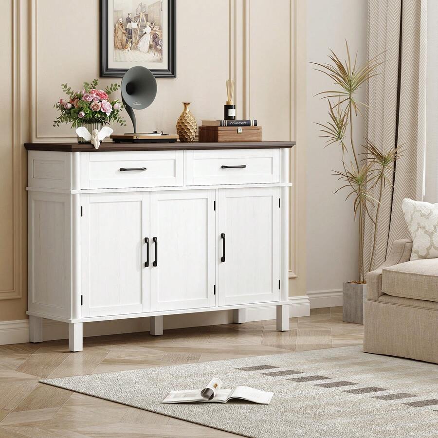 ONBRILL Storage Buffet Cabinet, 48" Farmhouse Sideboard Cabinet With Two Drawers And Three Doors, Wood Coffee Bar Cabinet With Adaptable Shelves, Kitchen, Living Room, And Entryway Storage Cabinet - White Brown 48 inch - 查看 1