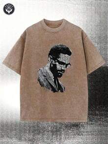 2026 Summer TopsWashed, Malcolm X Black And White Portrait Pattern Printed T-Shirt, Spring And Summer Casual Men's T-Shirt, Round Neck Cotton Shor - 咖啡棕 - 查看 7