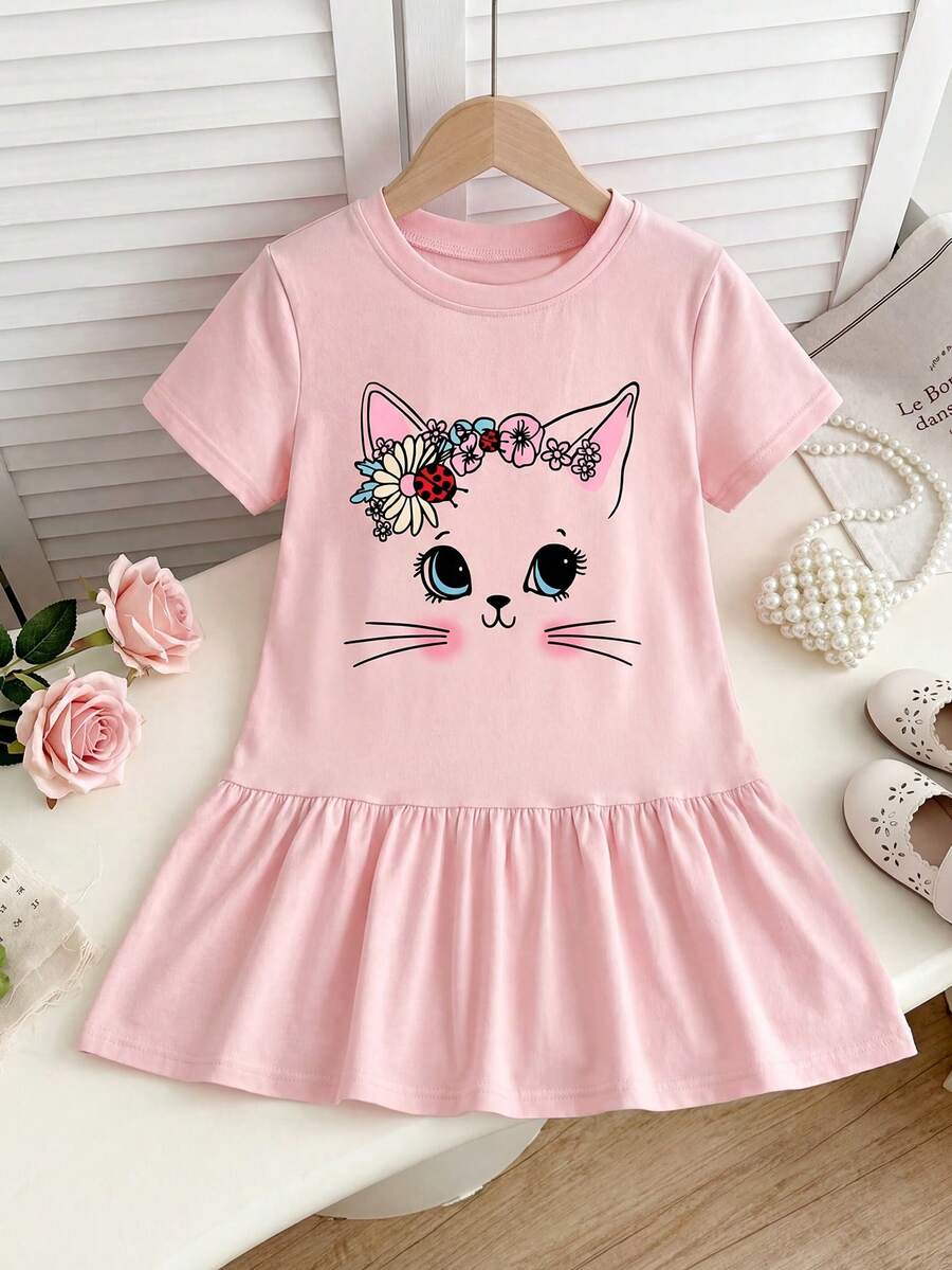 Vestido corto de manga corta con volantes y estampado de gato rosa para niñas, verano - Rosa - Ver 1